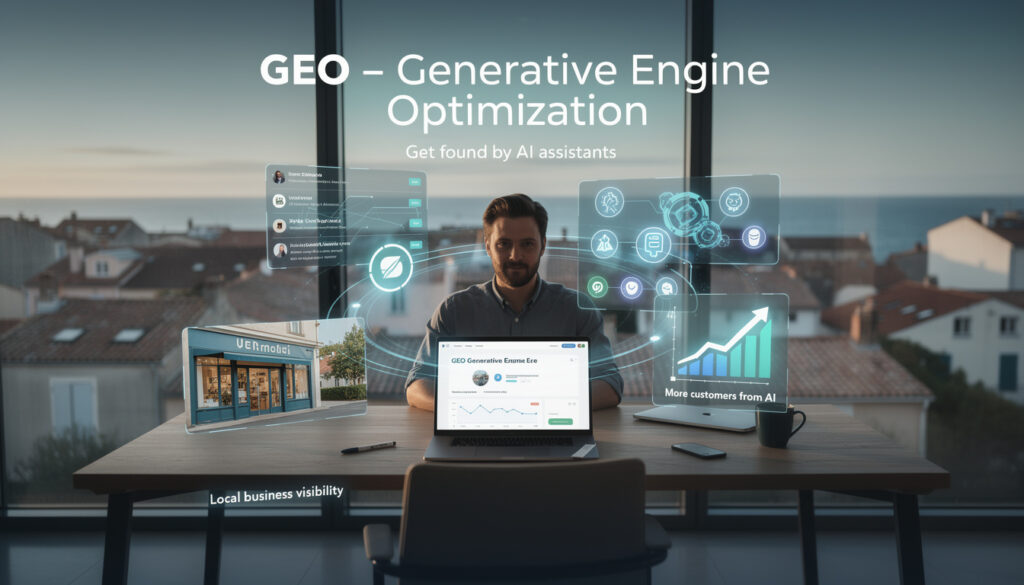 Person seated at a desk with translucent AI dashboards and a laptop showing charts, promoting GEO Generative Engine Optimization (GEO) for local visibility.