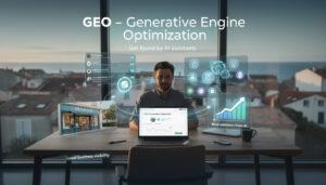Person seated at a desk with translucent AI dashboards and a laptop showing charts, promoting GEO Generative Engine Optimization (GEO) for local visibility.